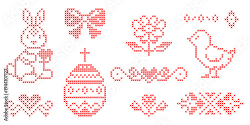 Embroidered cross stitch Easter bunny, egg, bow isolated on transparent background. Floral ornament border with abstract flower and heart pattern in folk style for sticker, print, design