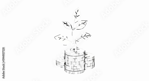 A sketched plant grows from a stack of coins, symbolizing financial growth