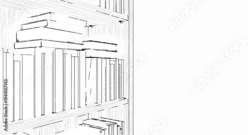 A sketch of bookshelves filled with stacked books, showing varied sizes and styles