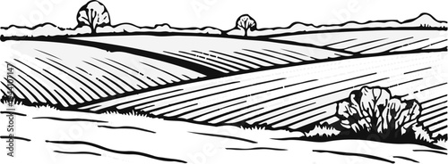 A sketched rural landscape with rolling fields and trees