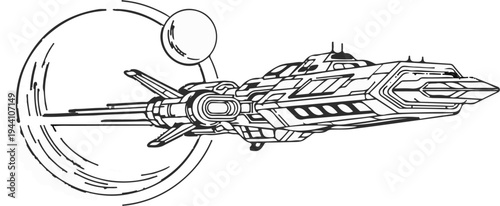 A sleek, angular spaceship travels through space past a celestial body