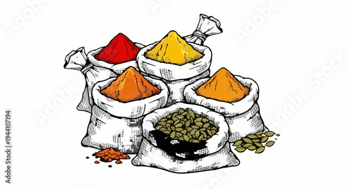 A sketch of five burlap bags filled with colorful spices and seeds