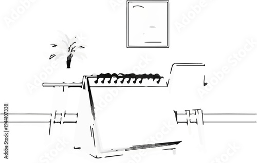 A simple sketch of a desk with a calendar, plant, and framed art