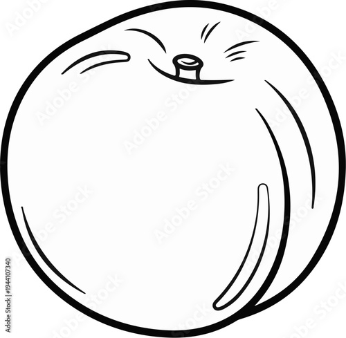 A simple line drawing depicts a ripe, plump peach with a stem