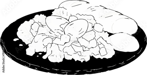 A simple sketch of a meal with a salad, boiled eggs, and bread on a plate