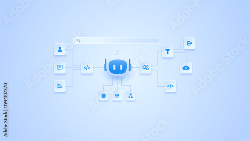 AI workflow automation artificial intelligence. ai agent network diagram connecting node input, processing flow, data, cloud and automation system.