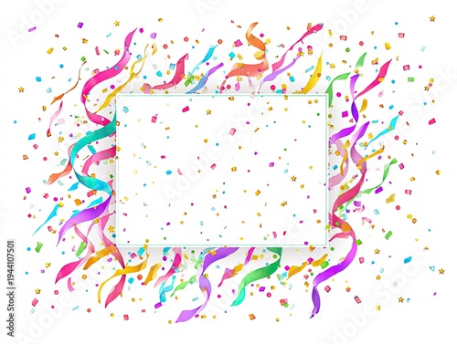 Festive white rectangle surrounded by colorful streamers & confetti on a white background