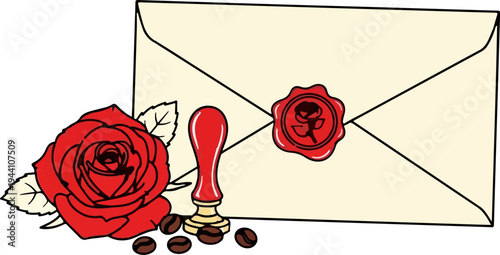 A vintage envelope with a red rose, a sealing wax stamp, and coffee beans