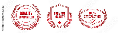 Essential set of vector badges featuring quality guarantee, premium quality seals, and 100% customer satisfaction labels for business branding and product assurance marketing