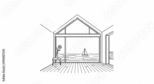 A simple sketch of a room with a large window showing a sailboat on the water