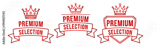 Collection of elegant red premium selection badges with crown and ribbon designs, perfect for high-quality product labeling and exclusive branding elements