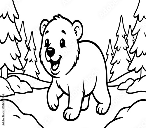 Adorable Happy Baby Bear Cub Walking Through a Forest of Pine Trees, Black and White Outline Vector Illustration for Kids' Coloring Books and Activities