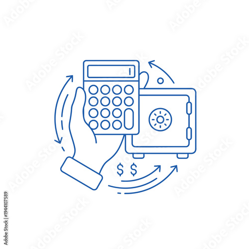 Calculator and Safe with Money Symbols and Arrows.