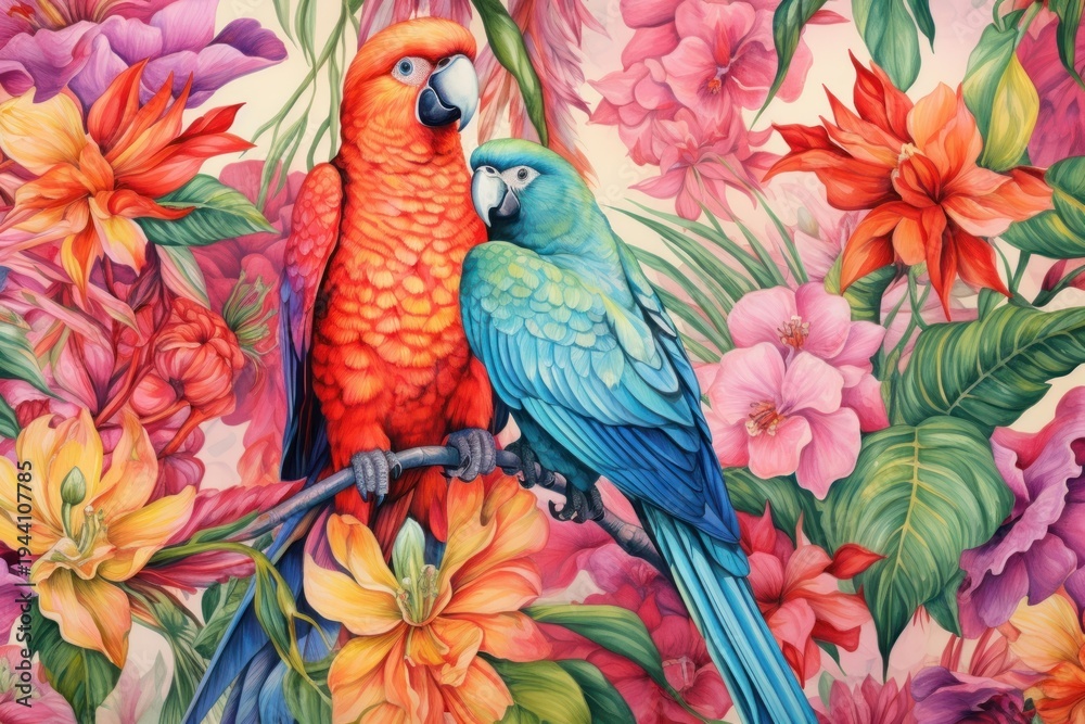 Obraz premium Vintage drawing of bird of flowers pattern painting parrot animal.
