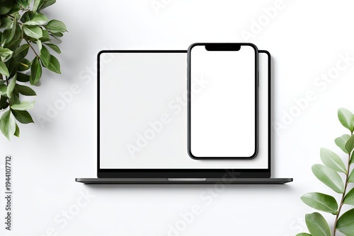 Laptop, phone, and green leaves on white background for technology mockup