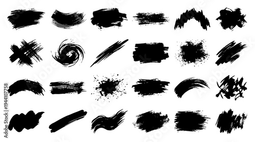 Various Black Brush Strokes on White Background for Creative Design and Art Projects