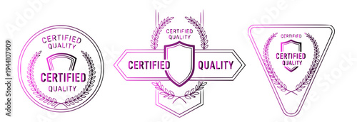 Collection of Certified Quality Badges and Seals of Approval, Featuring Shields and Laurel Wreaths