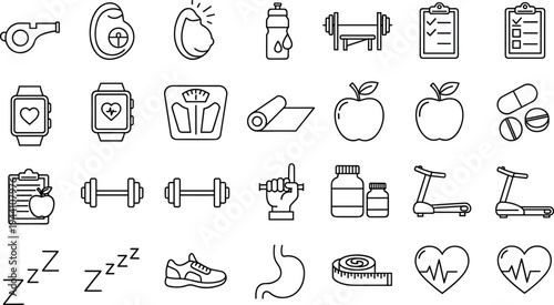 Comprehensive Fitness and Wellness Line Icon Set Featuring Healthy Diet Gym Equipment Weight Loss Tools and Sleep Tracking for Design