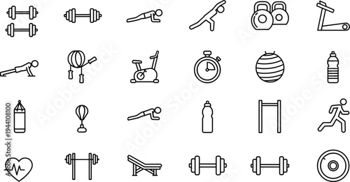 Fitness and Gym Equipment Line Icon Set Featuring Dumbbells, Treadmill, Kettlebell, Stationary Bike, Workout Exercises, and Wellness Training Vector Illustration