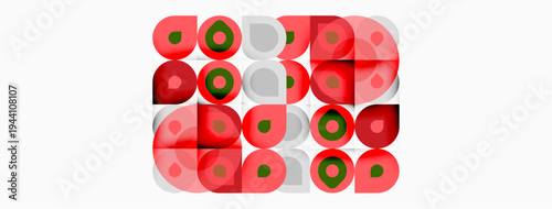 Abstract pattern features overlapping circles. Red, green, white hues create vibrant visual texture. Simple geometric shapes dominate composition.