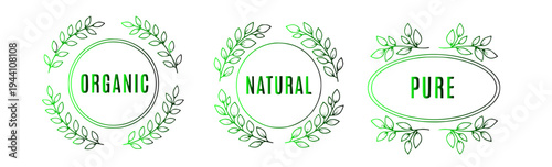 Set of three organic, natural, and pure product labels with green leaf borders and text on a white background