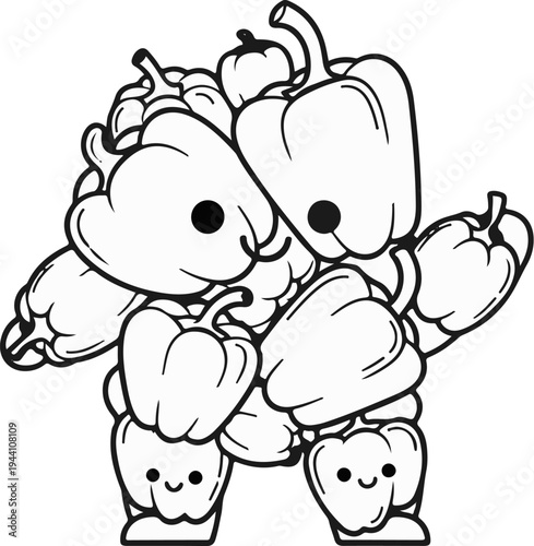 A whimsical character formed entirely from cartoon bell peppers with cute faces