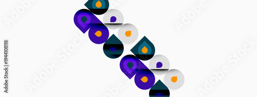 Abstract design features colorful, rounded shapes. Purple, teal, pink hues create dynamic visual pattern. Minimalist aesthetic, clean background.