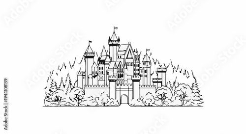 A detailed black and white line drawing of a fairytale castle nestled amongst trees