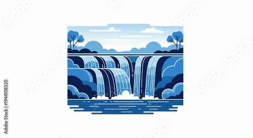 A stylized waterfall with layered blues and white accents flows into a calm body of water