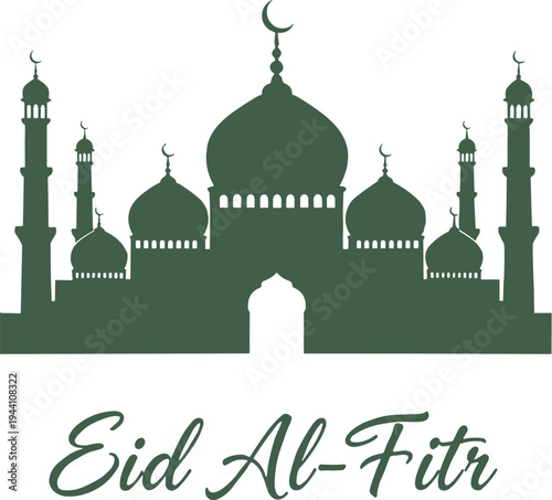 Eid Al-Fitr mosque silhouette with domes, minarets, crescent moons, and elegant festive cursive script design