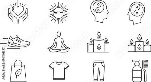 Wellness and Lifestyle Vector Icons Set Featuring Mental Health Yoga Fitness Sustainable Shopping Self Care and Spiritual Balance Line Art