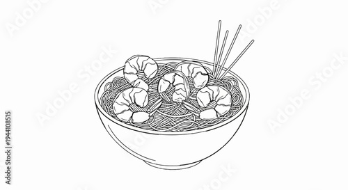 A simple line drawing of a bowl of noodles with shrimp and chopsticks