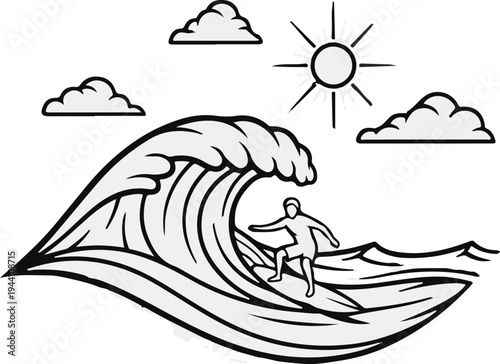 A surfer rides a large wave under a sunny sky with clouds