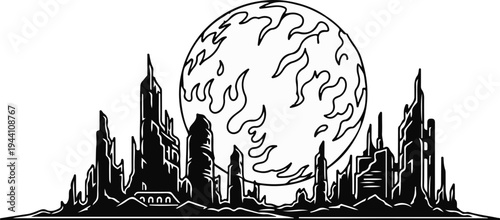 A surreal cityscape unfolds beneath a fiery celestial body, with jagged