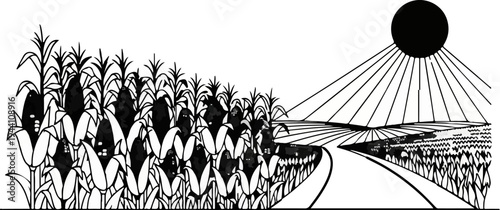 A sun-drenched pathway curves through a vast, stylized cornfield under a radiant sun