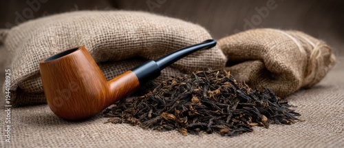 Classic wooden pipe with black bowl next to oakum and tobacco leaves on burlap fabric and sackcloth
