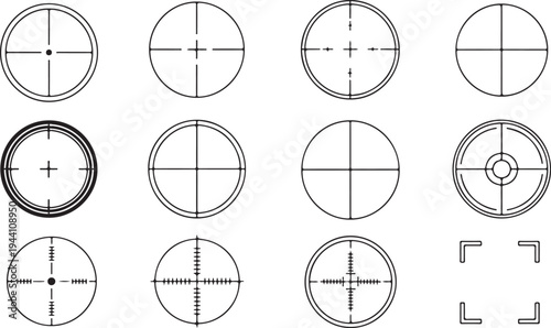 Rifle scope reticle collection with various crosshair designs for hunting precision targeting aim optical sight and focus frames