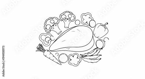A simple line drawing of a chicken breast surrounded by assorted vegetables and fruits