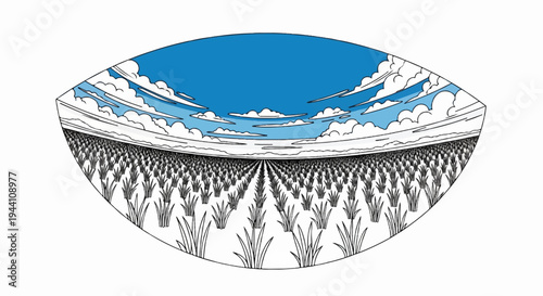 A surreal, fisheye view of a vast, orderly field of grain under a cloudy blue sky