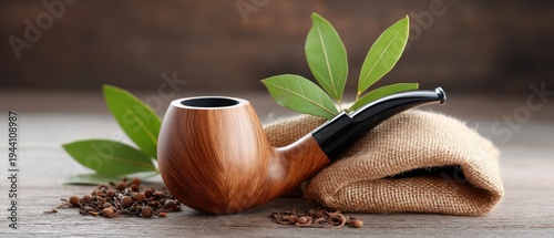 Classic wooden pipe with black bowl resting on sackcloth alongside loose oakum and tobacco leaves on burlap background