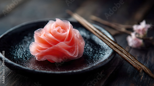 Pickled Ginger Flower on Black Plate