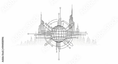 Abstract globe with radial lines and cityscape background