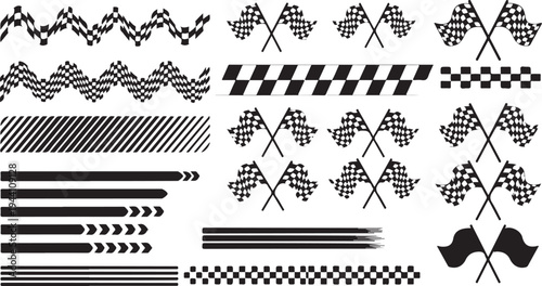 Race flag vector pattern element set. checkered wavy banner, racing stripe, finish line, start line, car racing flag background