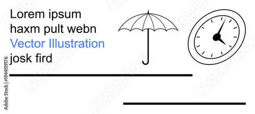 Business branding, time management, weather forecasting, creative projects, layout design, abstract concepts. Features umbrella, clock text and graphic lines. Time management and layout design