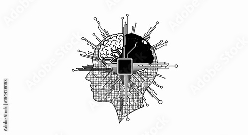 Abstract head silhouette with brain and circuit board overlay