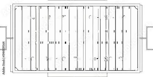 Abstract line drawing of a stylized football field with markings and numbers