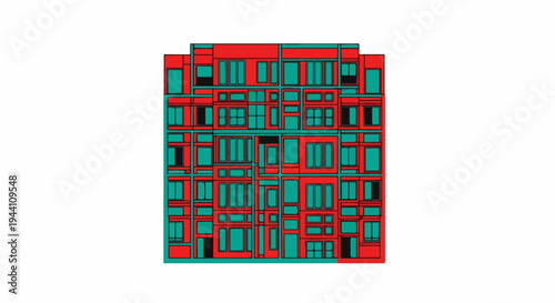 Abstract facade design with repeating geometric window patterns and red