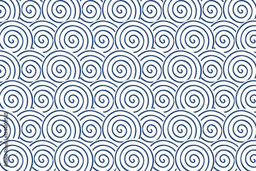 Repeated blue curls on white background. Sea or ocean waves pattern. Scalloped water texture in Japanese or Chinese oriental style. Abstract minimalist Asian ornament. Vector graphic illustration.
