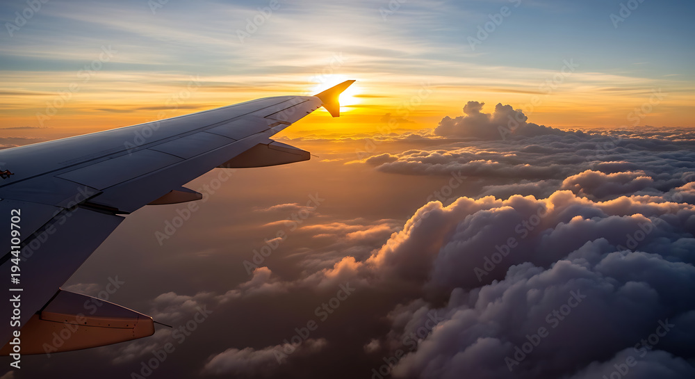 Obraz premium Airplane wing silhouetted against a vibrant sunset over clouds on transparent background
