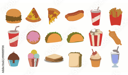 Colorful Cartoon Fast Food Icons Set Burger Pizza Fries Soda Street Snack Doodle Vector Collection for Cafe Menu